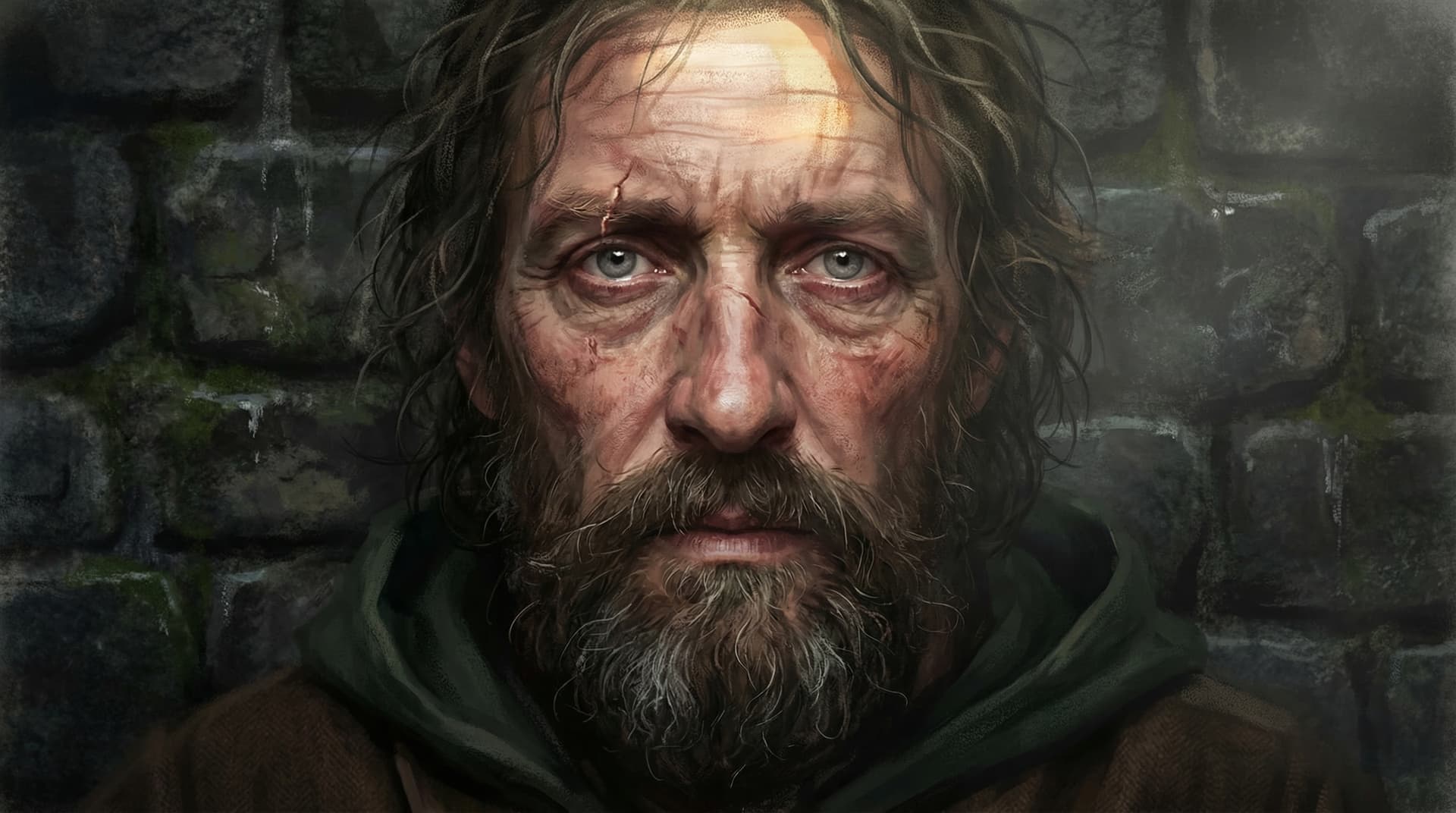 William Wallace as a weathered fugitive, scarred face against a stone wall