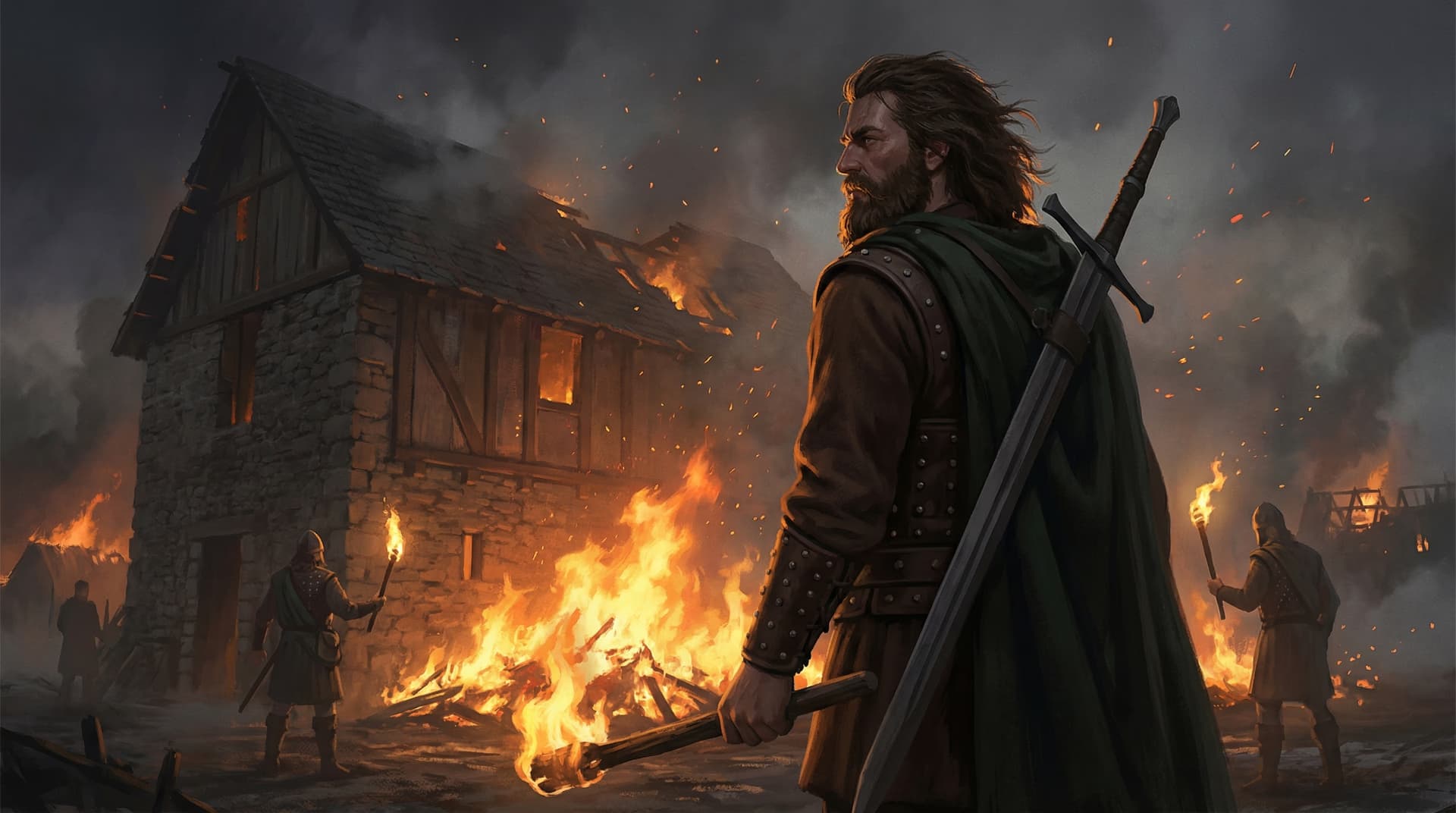 William Wallace overseeing the burning of Scottish farms and buildings during his scorched earth campaign