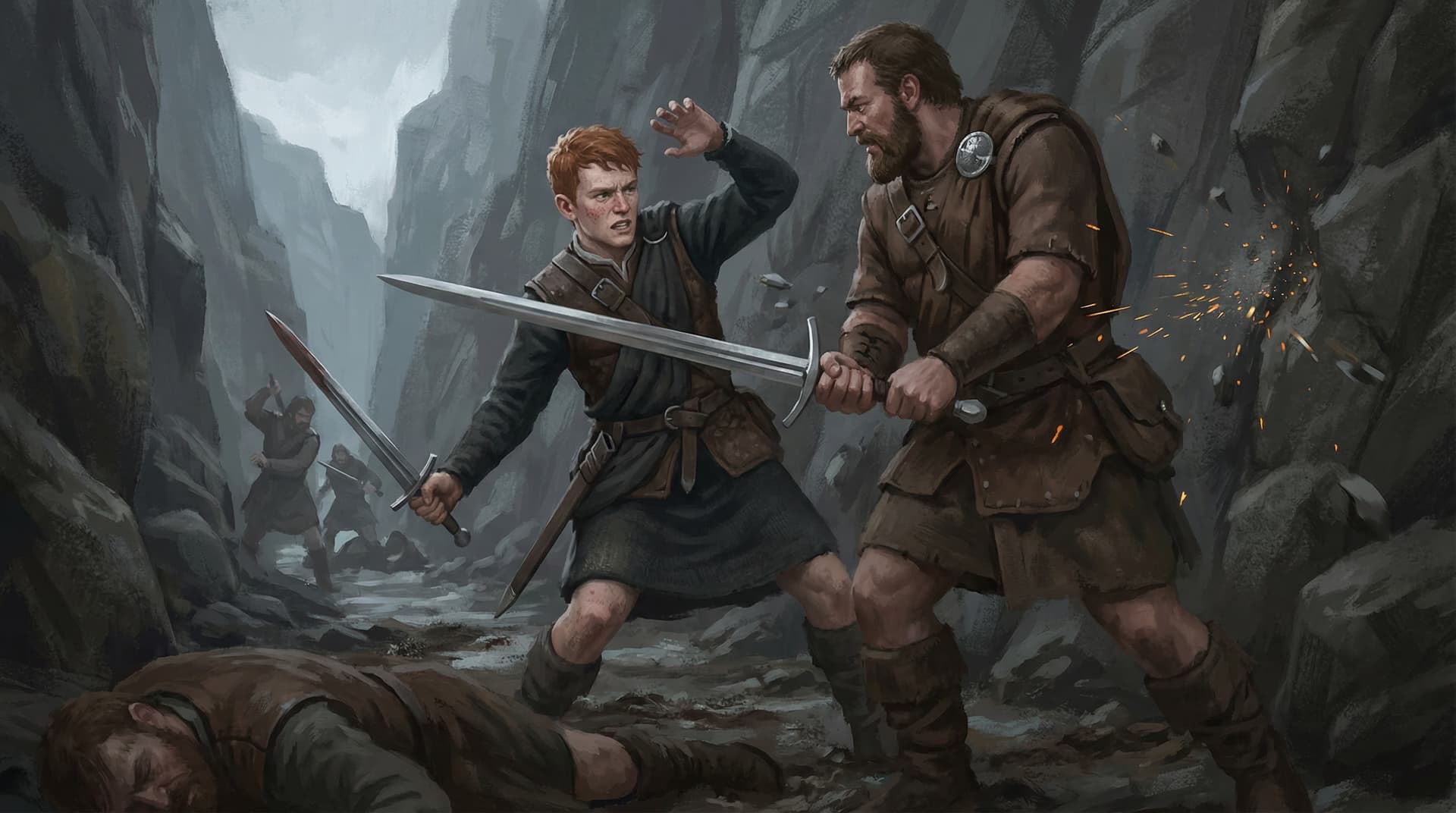 Robert Bruce fights through the ambush at Dalrigh in a narrow Highland pass