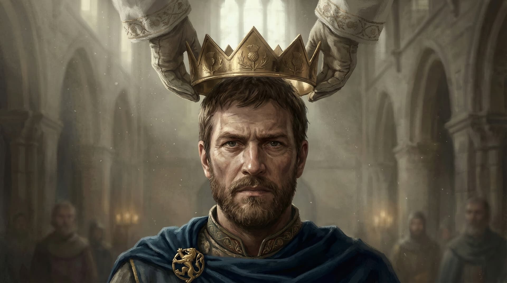 Robert Bruce receives the Scottish crown at his coronation at Scone in 1306