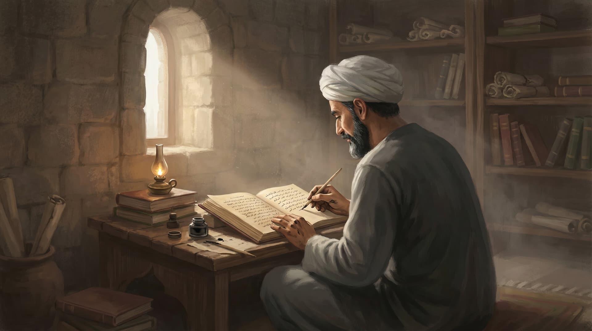 Al-Umari the Syrian historian writing the Masalik al-Absar manuscript by lamplight in a stone study
