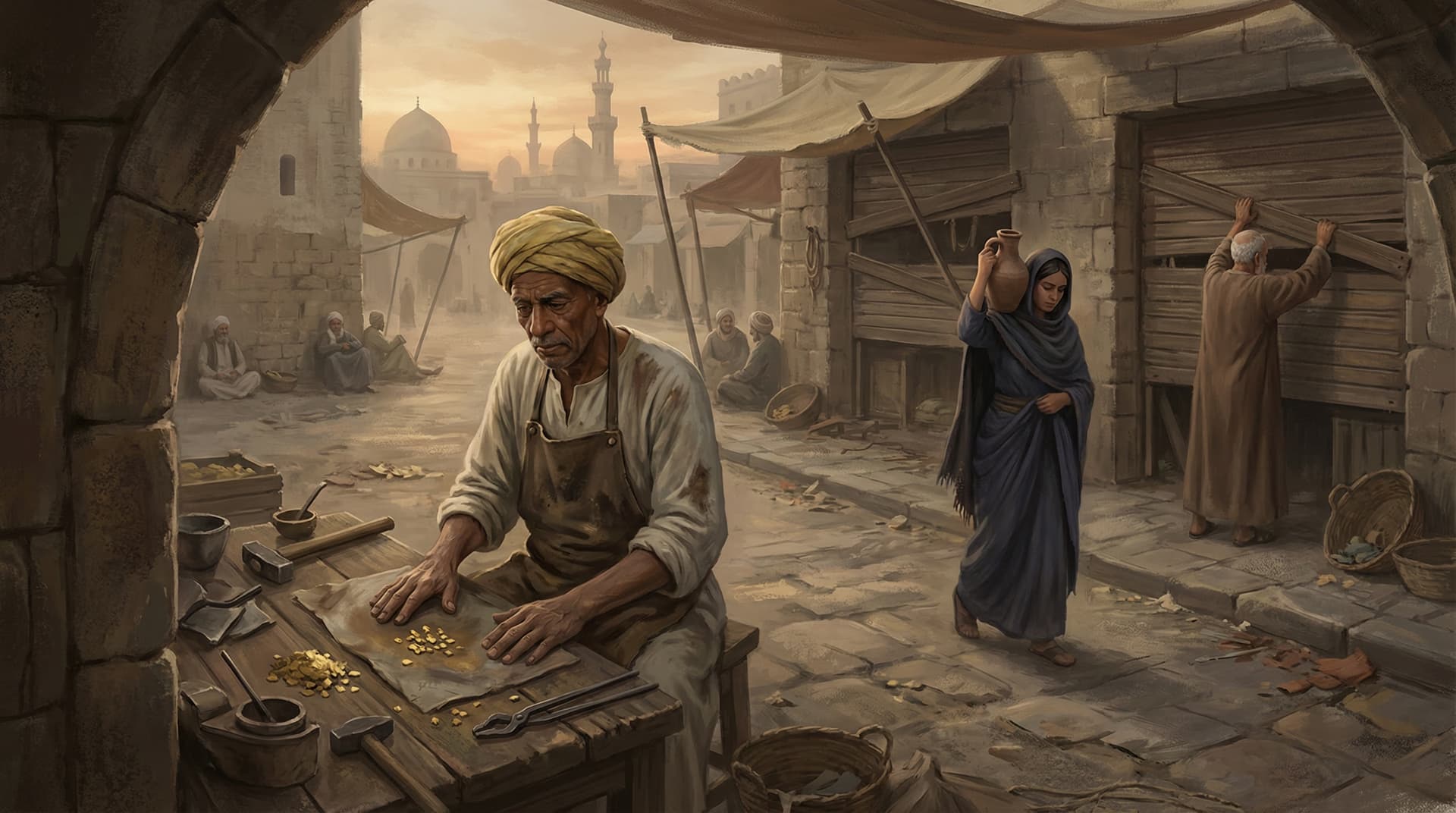 A Cairo merchant sits at his workbench examining a small pile of gold coins in a depressed and nearly empty market street