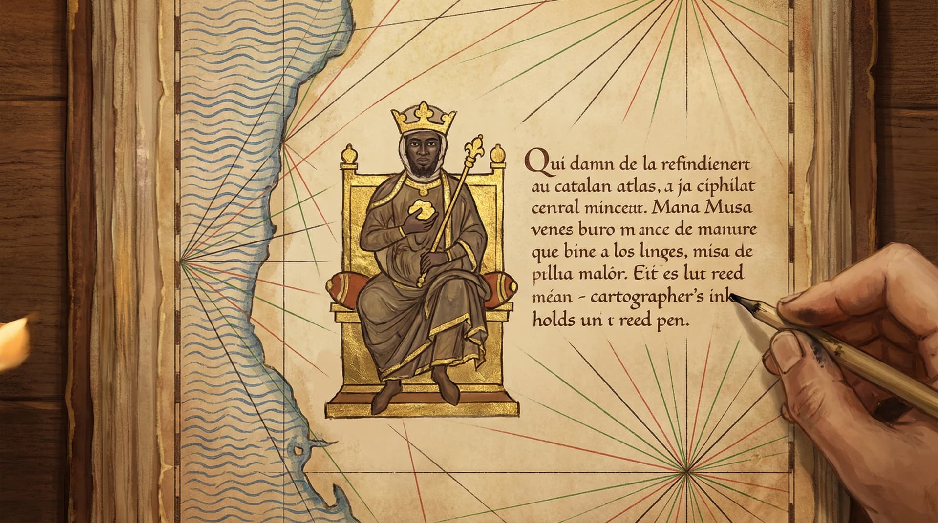 The Catalan Atlas illustration of Mansa Musa seated on a golden throne holding a gold nugget and scepter with a cartographer's hand drawing the map