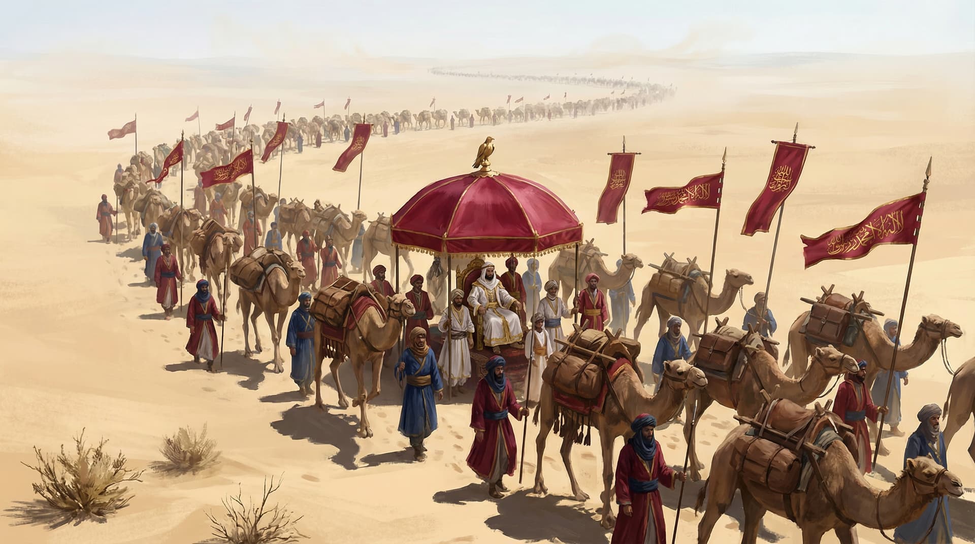 Mansa Musa's enormous caravan stretching across the Sahara desert with camels, red banners, and a crimson canopy shading the emperor