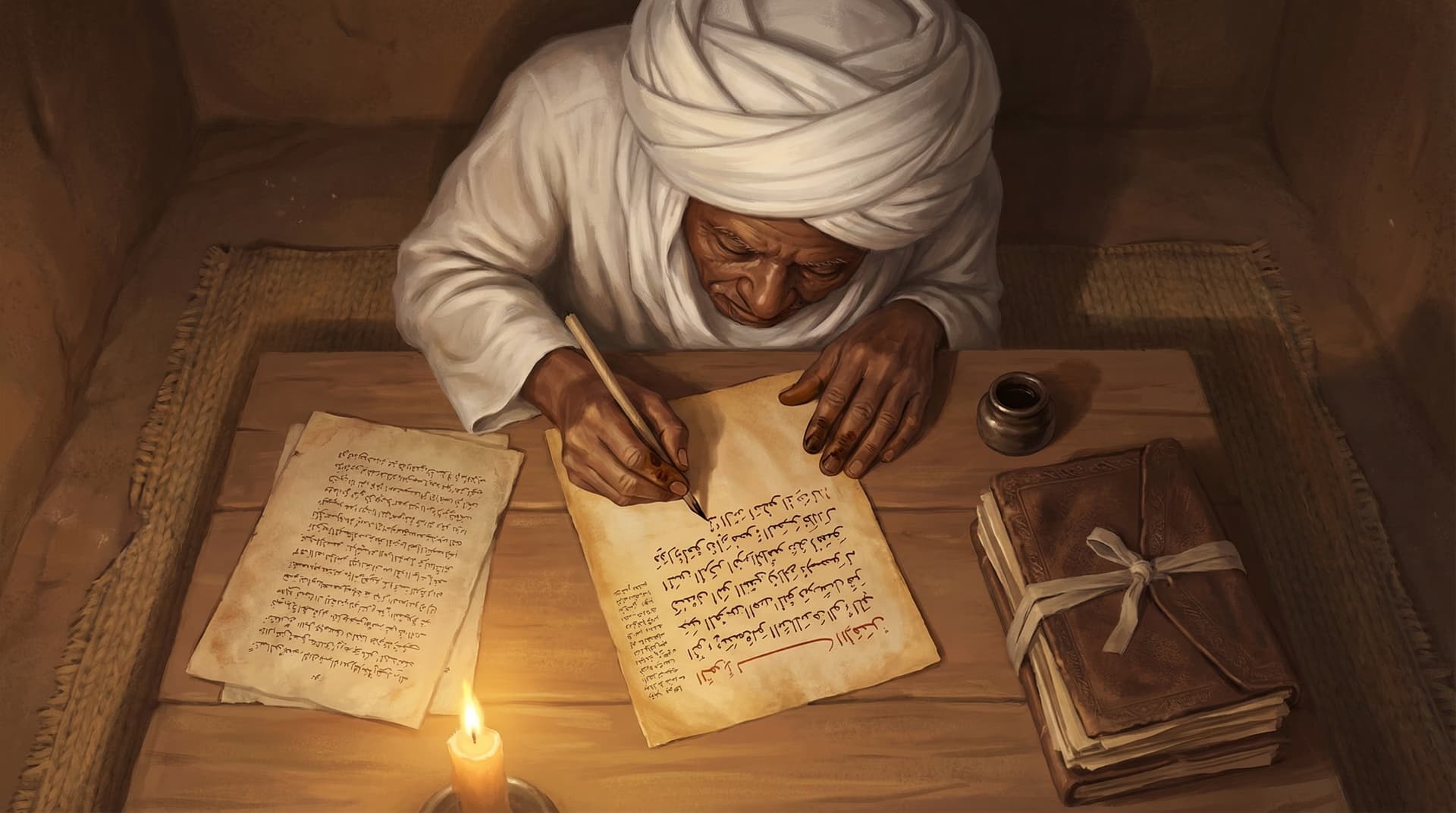 A Timbuktu scribe copying manuscripts by candlelight at a wooden desk with ink and bound volumes