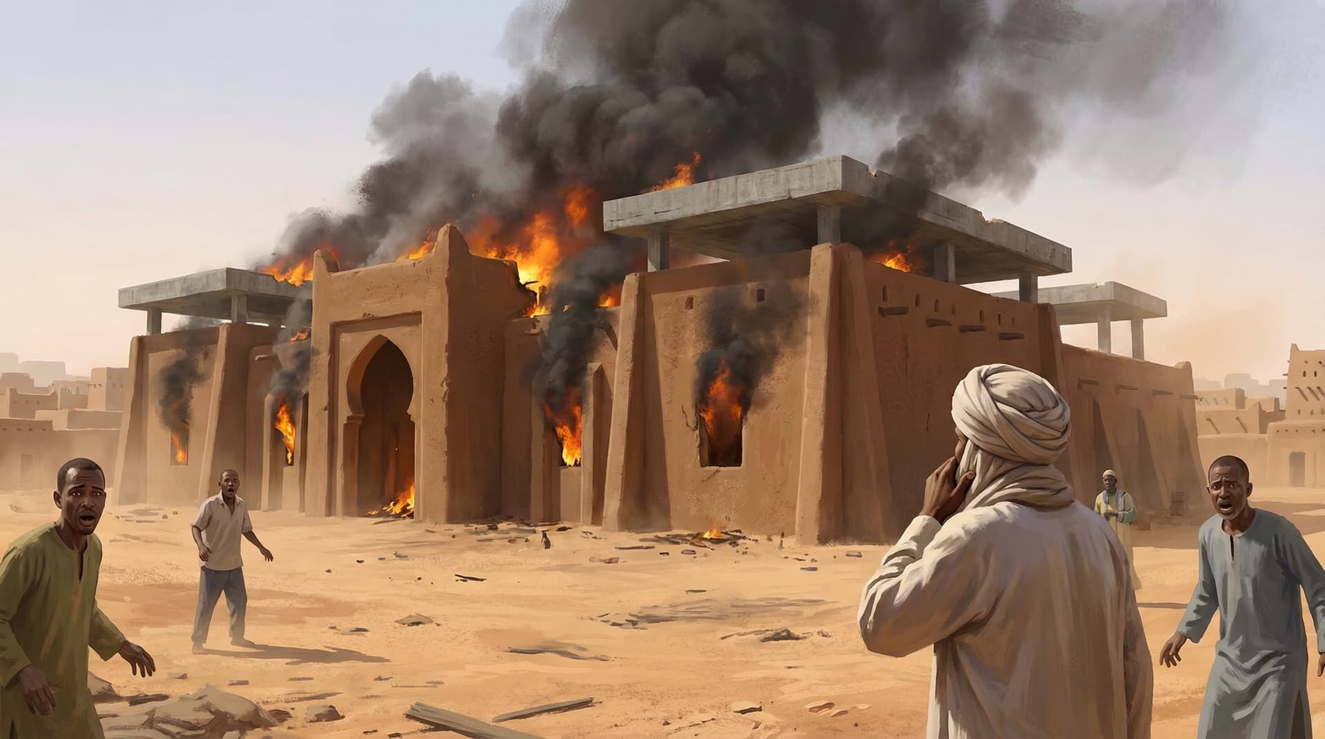 The Ahmed Baba Institute in Timbuktu engulfed in flames and black smoke as bystanders watch in horror