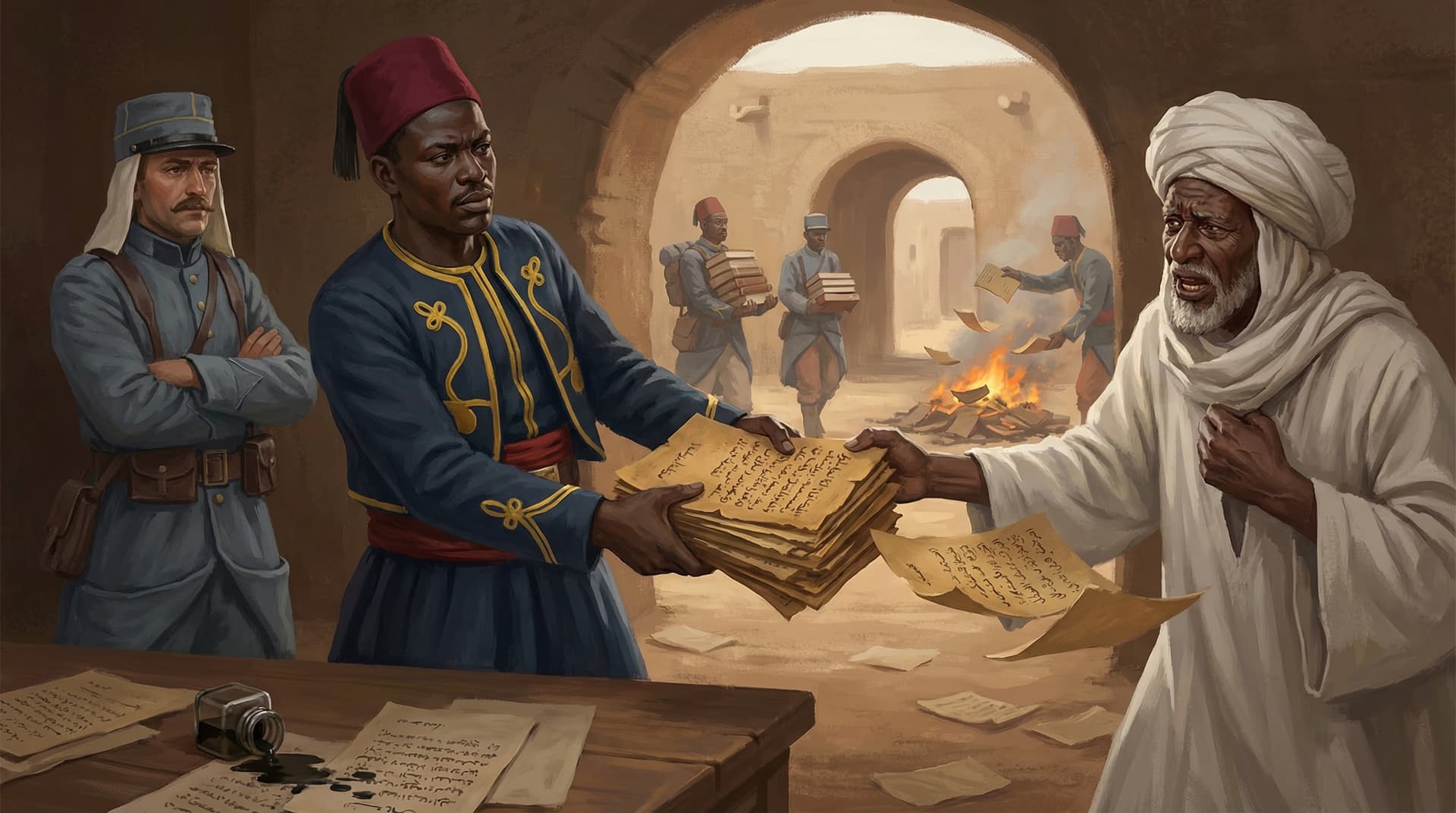 French colonial soldiers seizing Arabic manuscripts from an elderly Timbuktu scholar, with manuscripts burning in the background