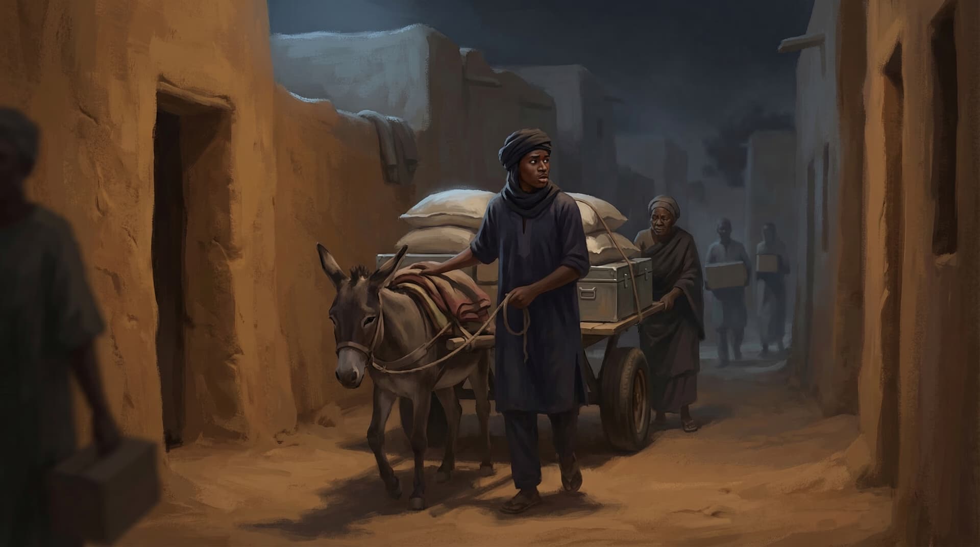 Volunteers leading a donkey pulling a cart loaded with metal trunks of manuscripts through a narrow Timbuktu alley at night