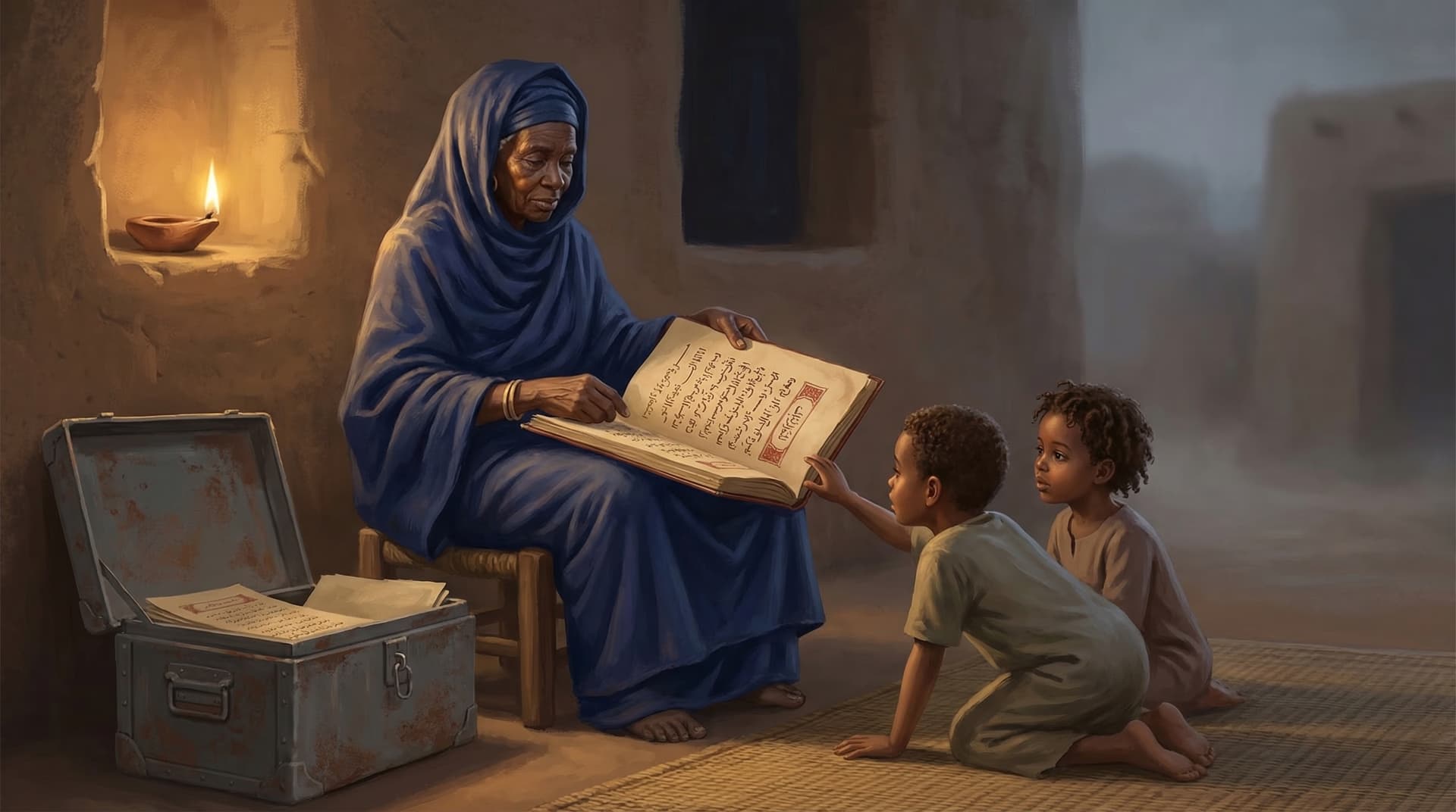 Elderly woman in a blue robe showing an ancient Arabic manuscript to two young children by lamplight, with a metal trunk of manuscripts beside her