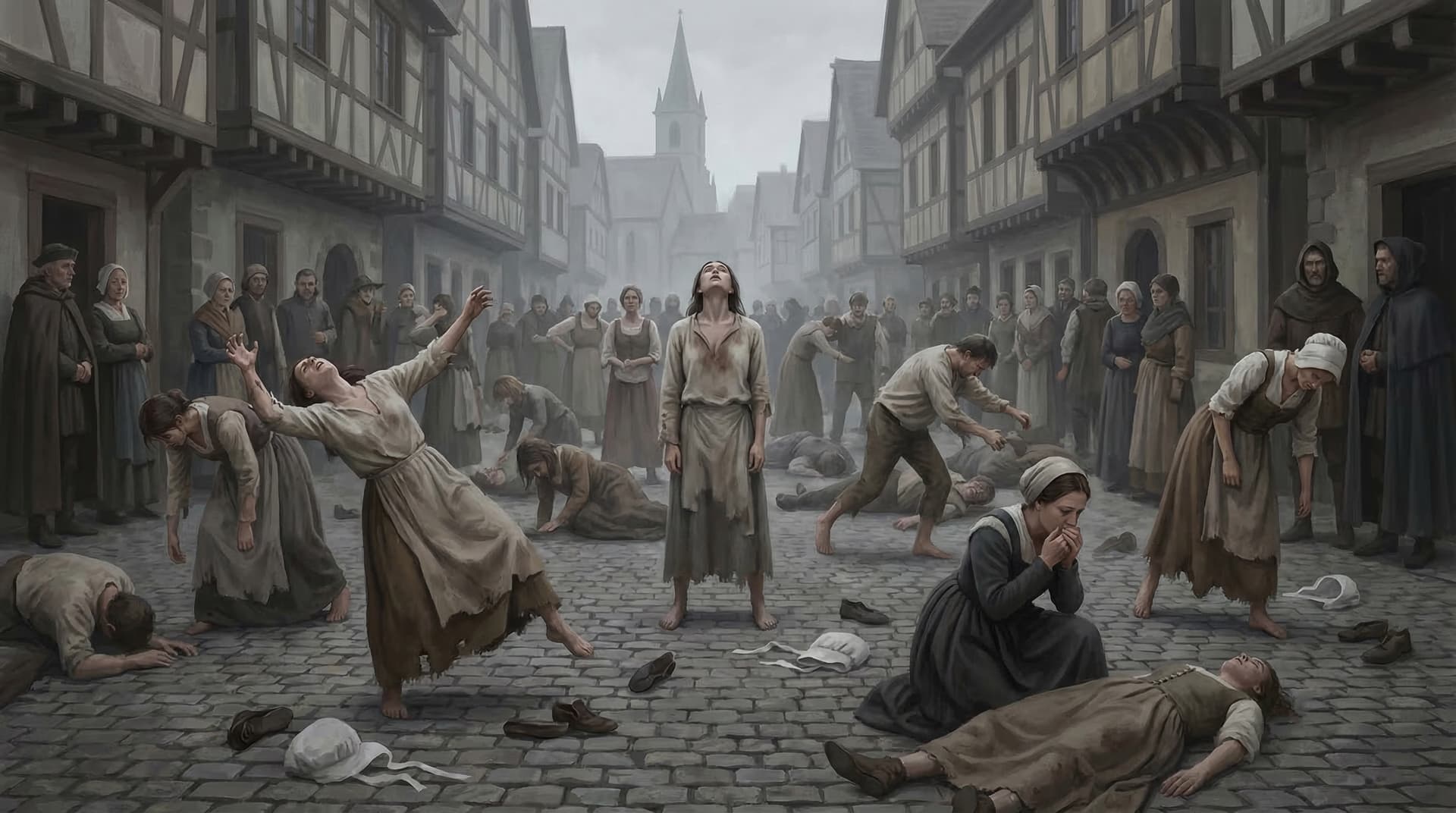 A lone woman walking across the empty cobblestone square of Strasbourg after the dancing plague ended, the cathedral spire rising in the misty distance