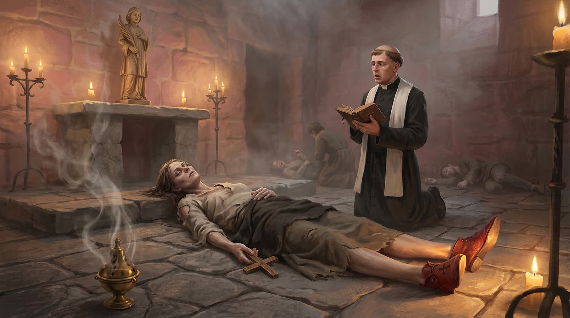 Chancellor Sebastian Brant of Strasbourg seated at a desk in fur-trimmed robes with a priest holding a cross standing behind him