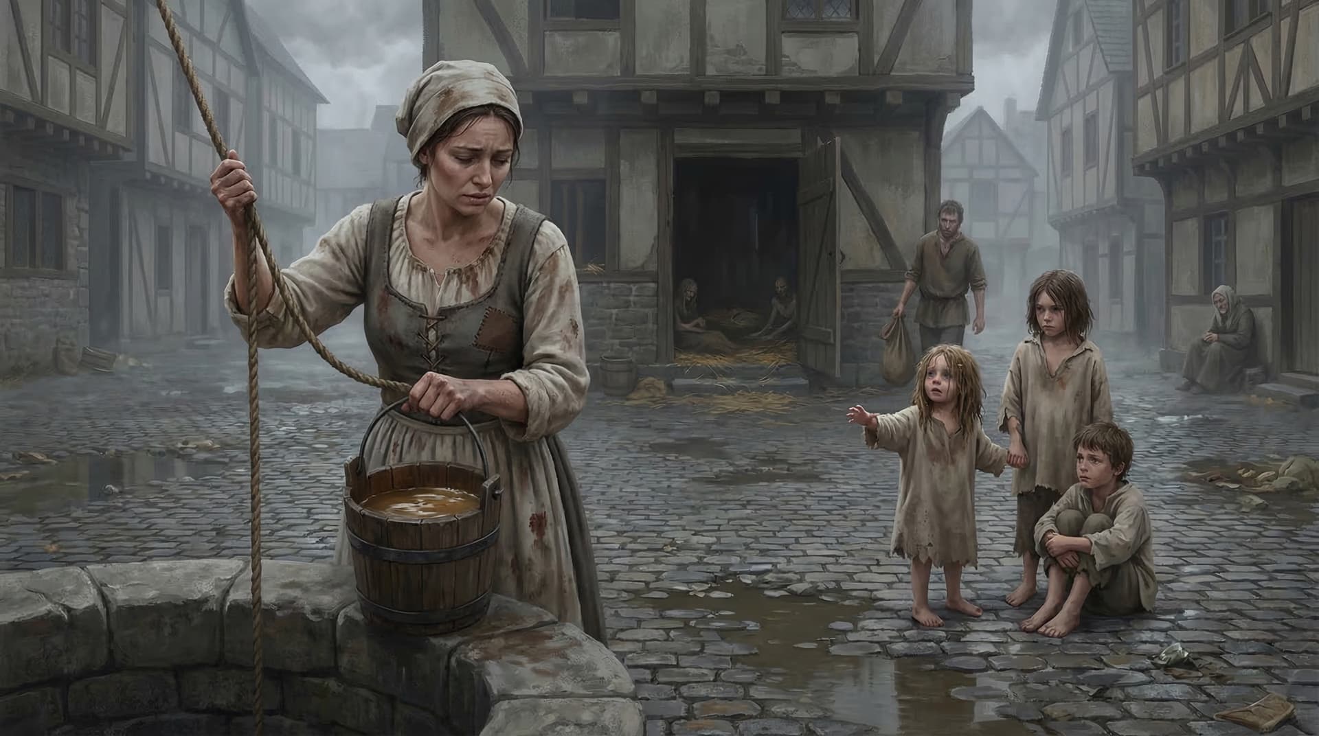 A medieval woman drawing dirty water from a well while barefoot, hungry children gather around her in the squalid streets of Strasbourg