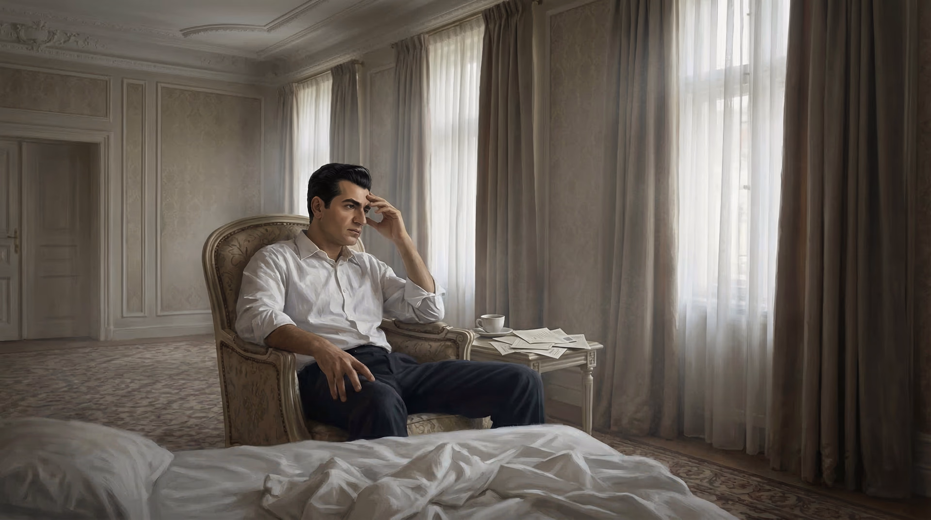 CIA operative handing an envelope of cash to an Iranian contact in a dimly lit Tehran basement with stacks of money on the table