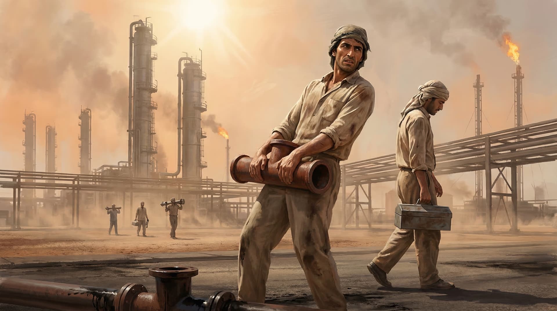 Iranian workers carrying pipes at the Abadan oil refinery with gas flares burning in the background
