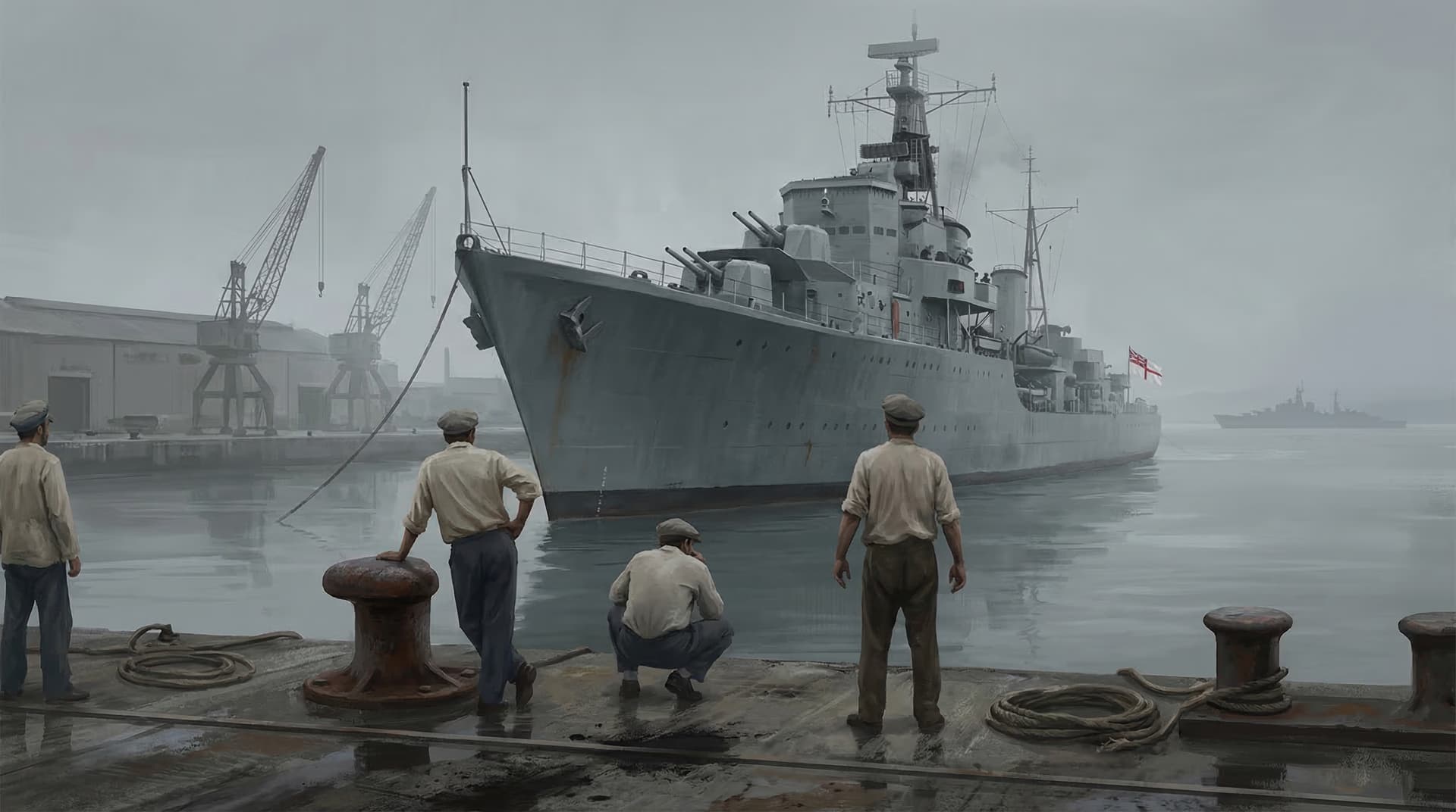 A Royal Navy warship anchored at an Iranian port with dock workers watching from the quay during the British blockade