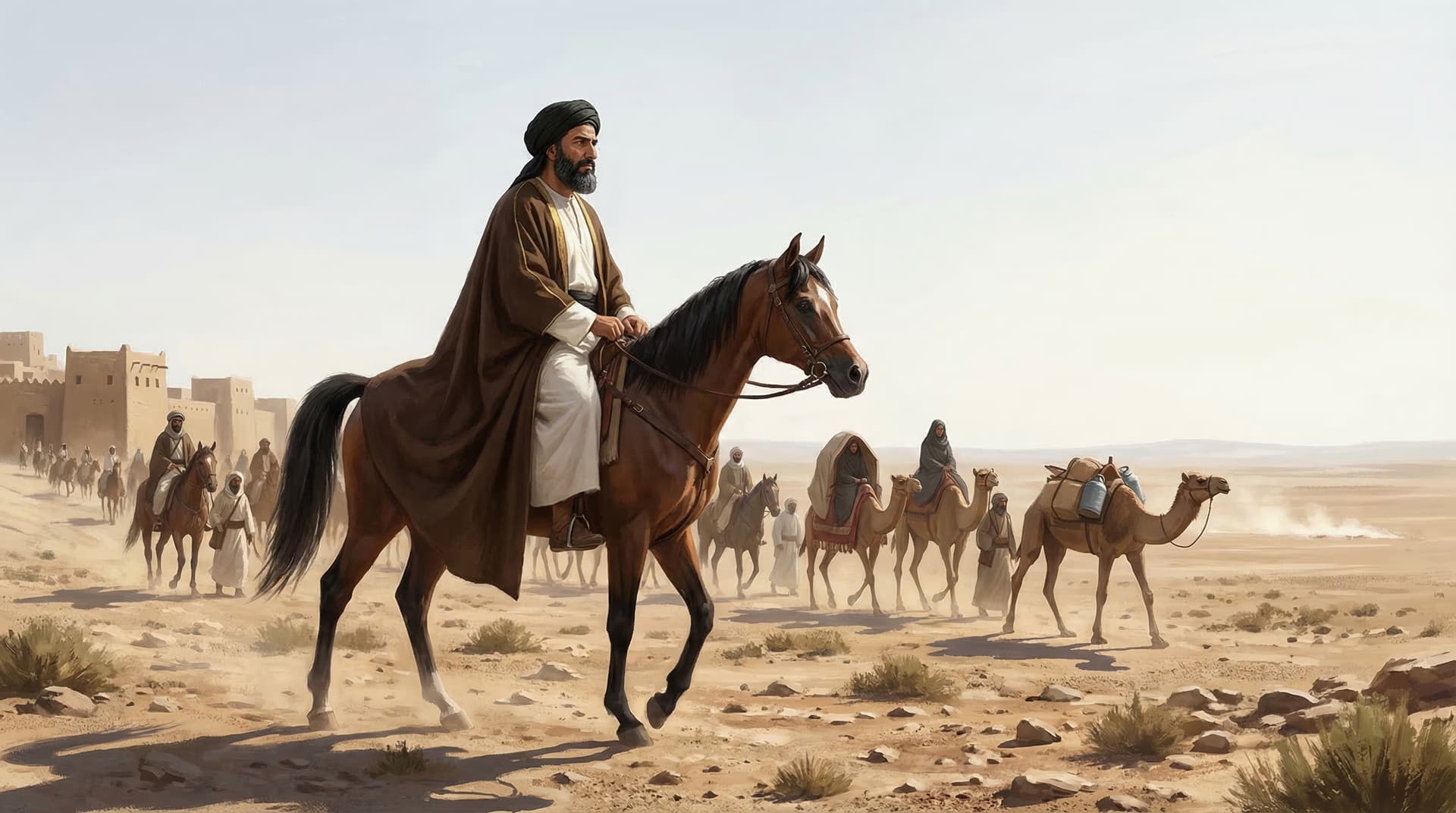 Hussein ibn Ali leading his small caravan on horseback through the desert on the road from Mecca to Kufa
