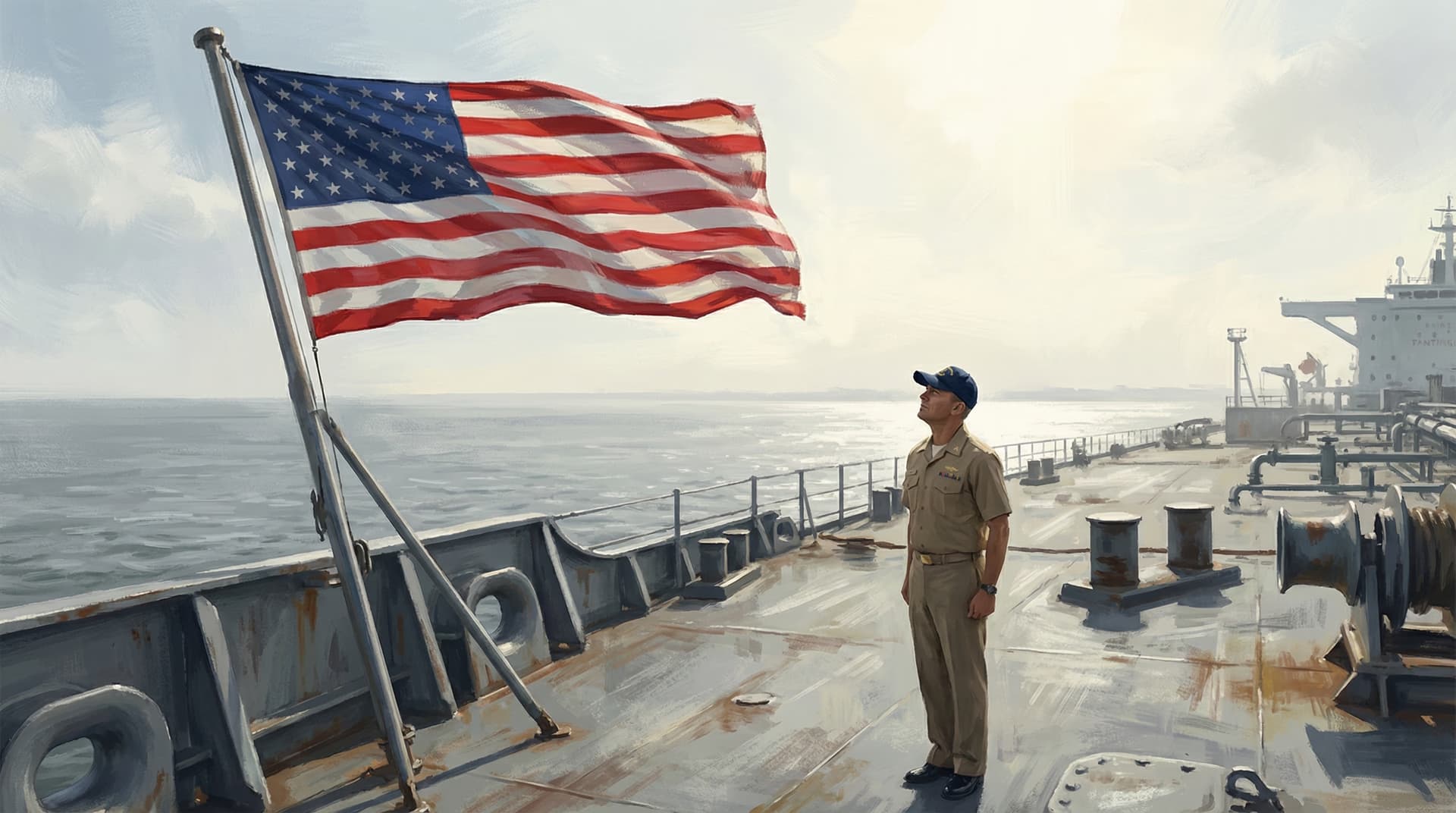 A U.S. Navy officer standing on the deck of a warship beneath a large American flag, gazing out at a tanker on the Persian Gulf horizon