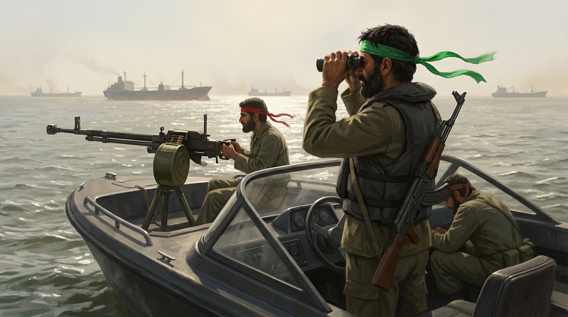 Iranian Revolutionary Guard fighters in a Boghammar speedboat armed with machine guns, scanning the Persian Gulf with binoculars as tankers pass in the distance