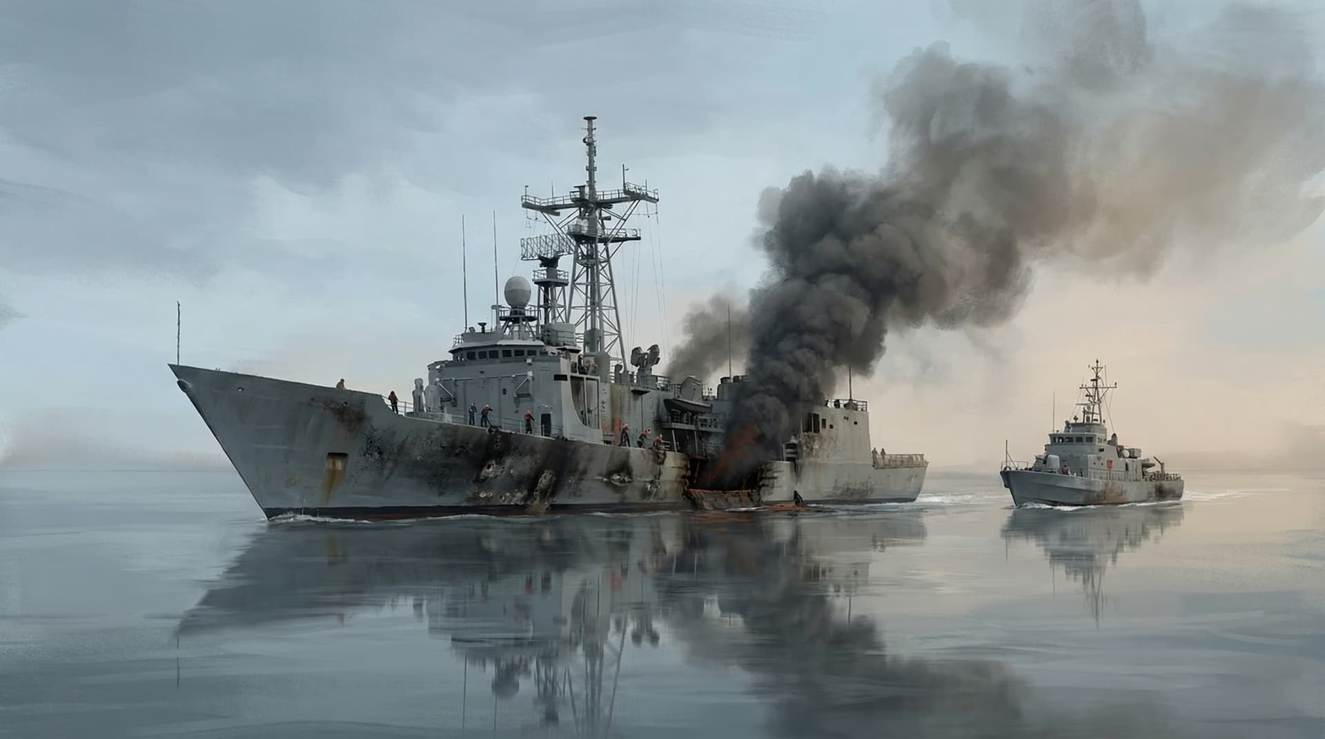 The USS Stark listing and smoking after being struck by two Exocet missiles, with another warship approaching to assist