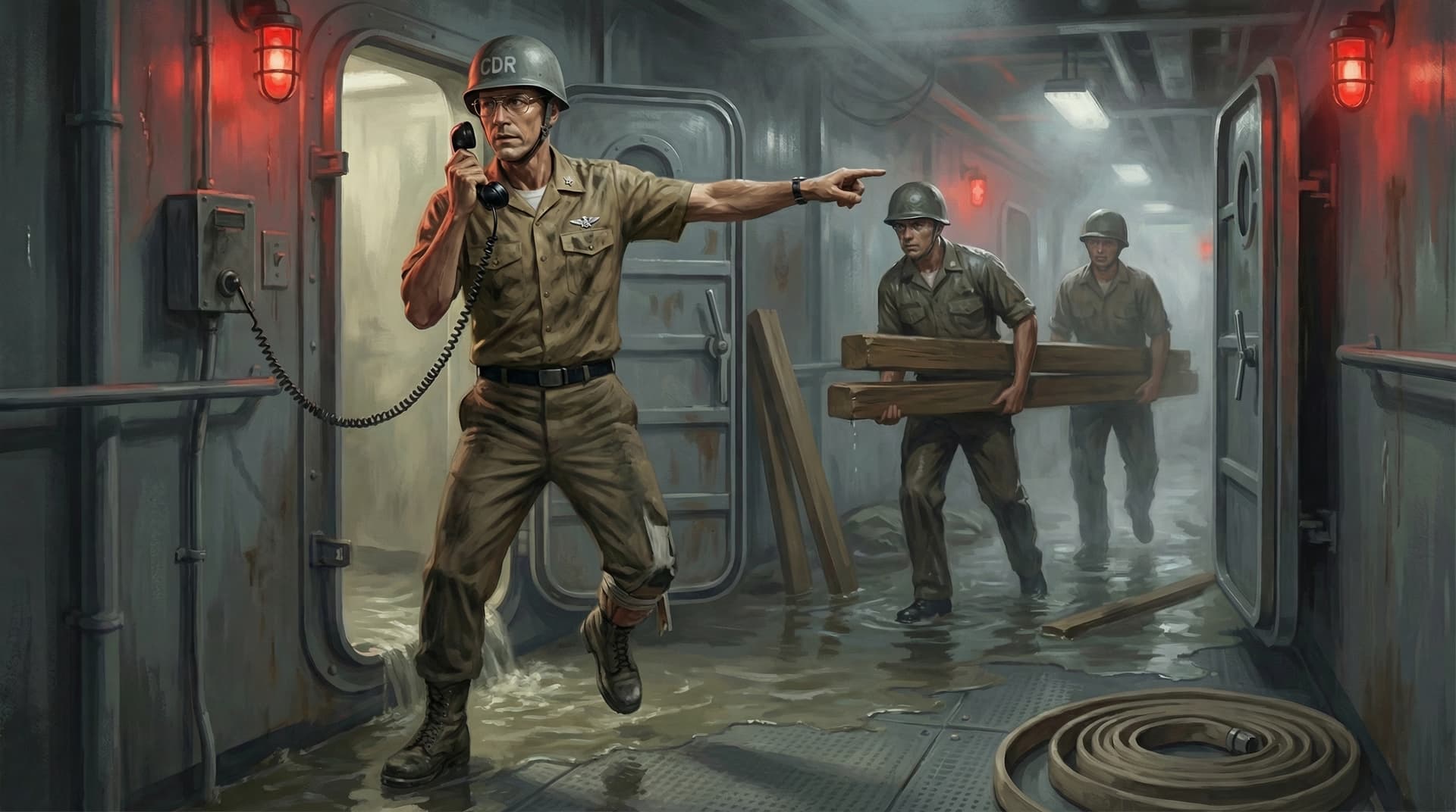 Commander Paul Rinn directing damage control operations in the flooded compartments below decks on the USS Samuel B. Roberts