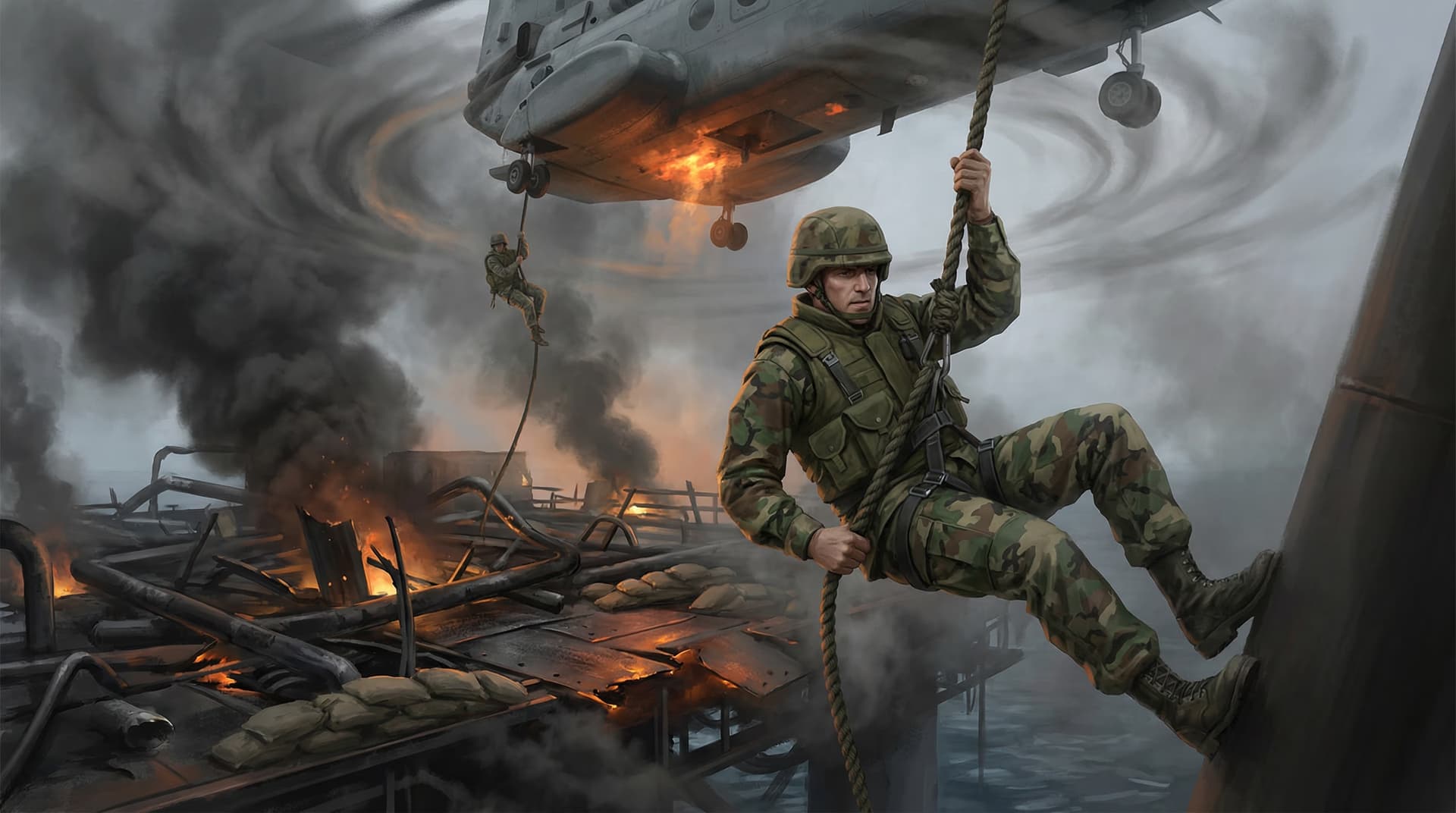 US Marines fast-roping from a helicopter onto a burning Iranian oil platform during Operation Praying Mantis