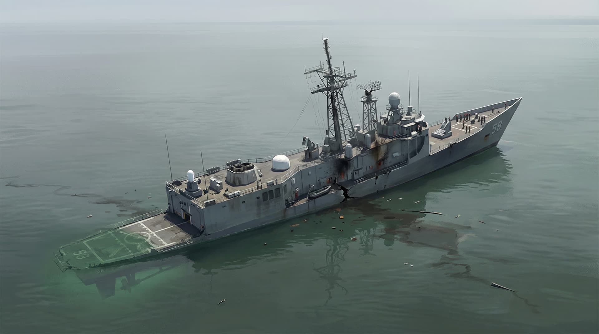 The damaged USS Samuel B. Roberts listing in the Persian Gulf with visible hull damage from the mine strike
