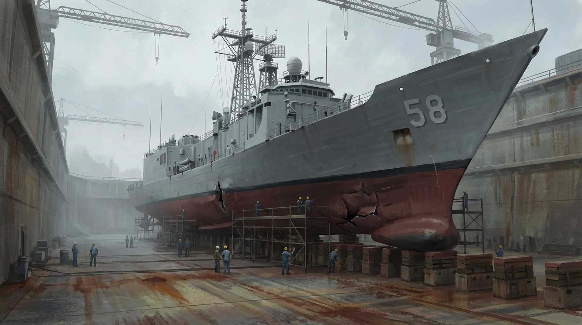 The USS Samuel B. Roberts in drydock showing the massive hull damage from the Iranian mine