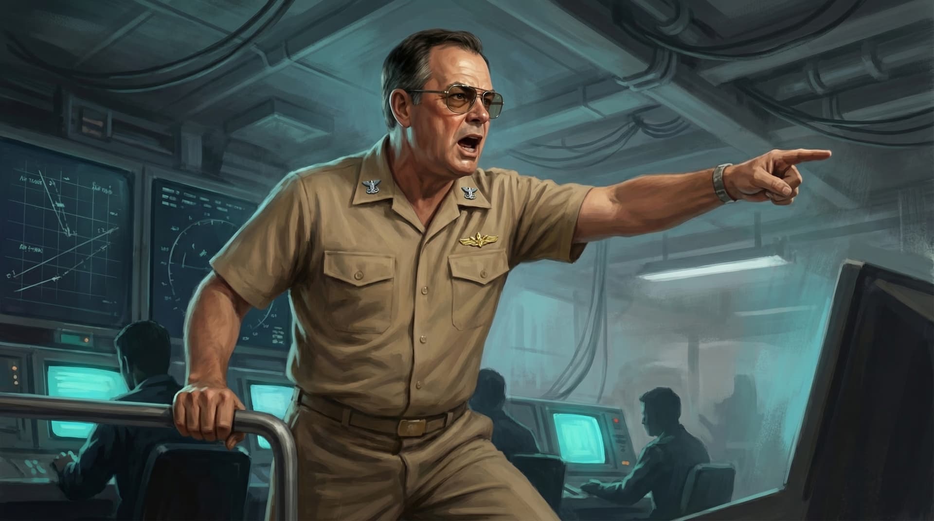 Captain William C. Rogers III shouting an order inside the darkened Combat Information Center of the USS Vincennes