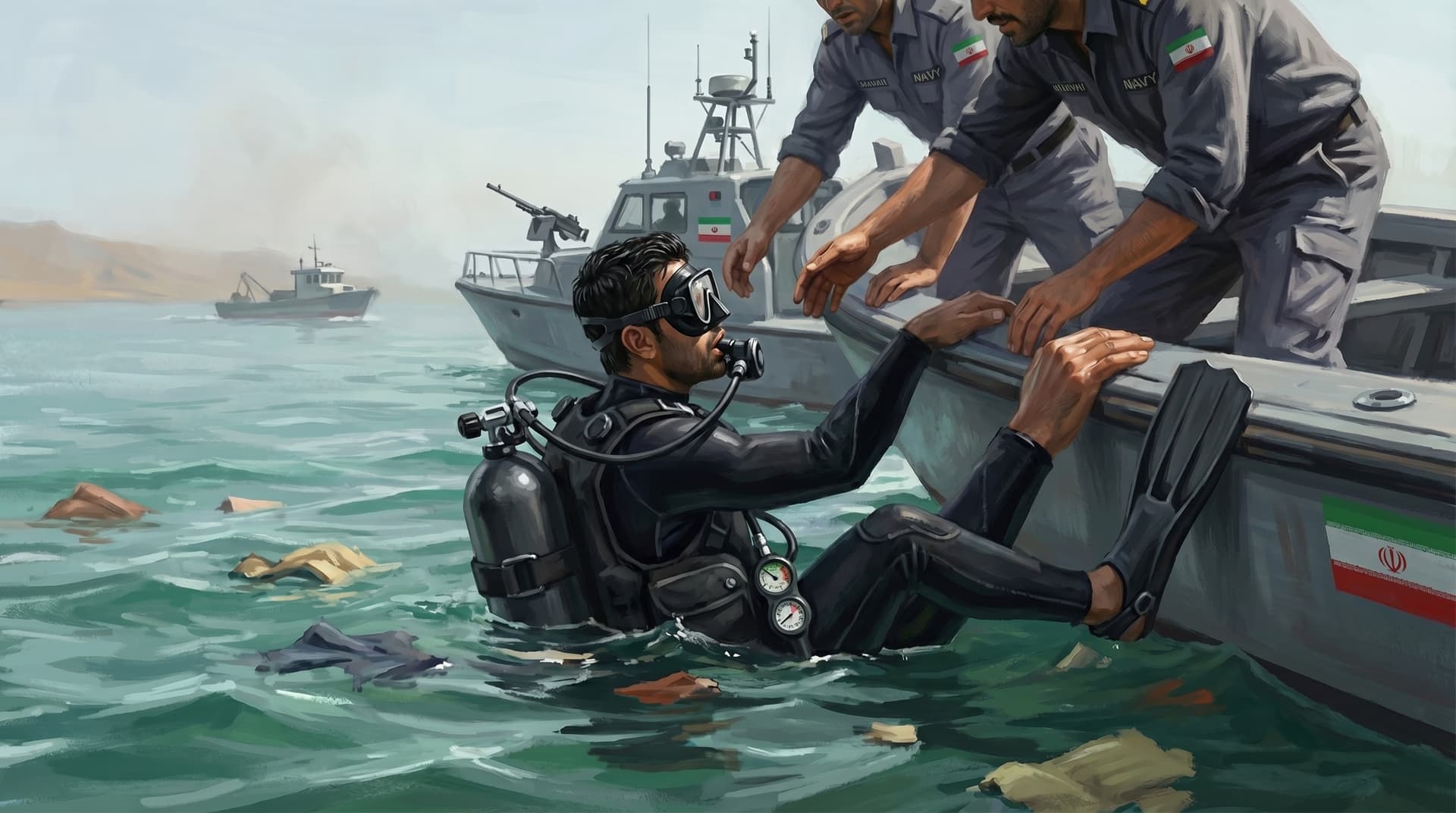 Iranian navy divers recovering victims of Iran Air Flight 655 from the debris-strewn waters of the Persian Gulf