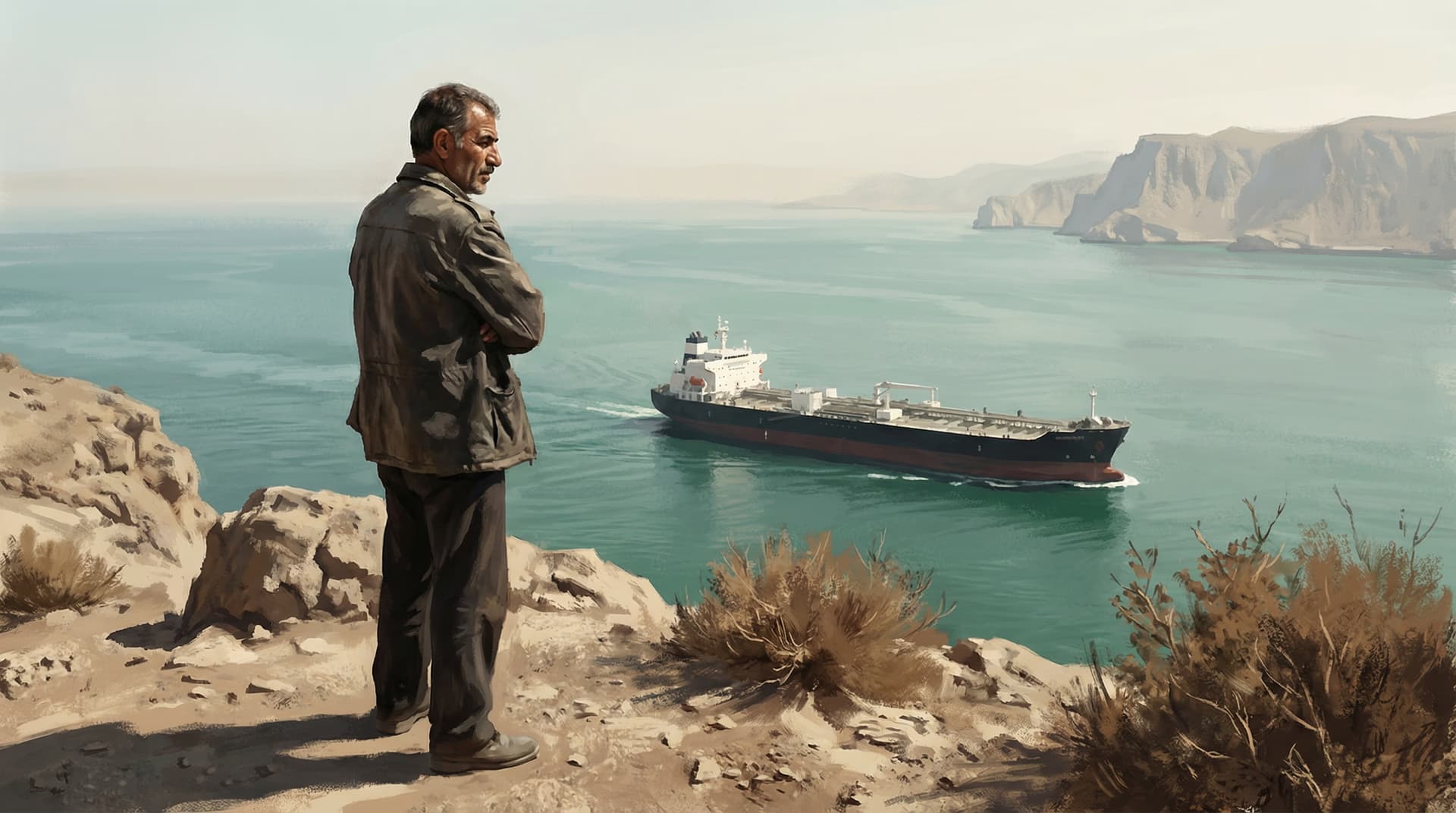 An older Iranian man standing on a cliff above the Strait of Hormuz, watching an oil tanker pass through the narrow waterway