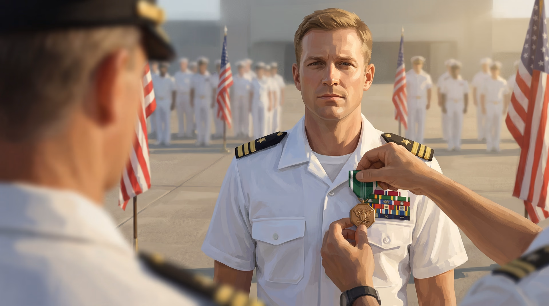 A US Navy officer being pinned with a commendation medal at a formal ceremony flanked by American flags