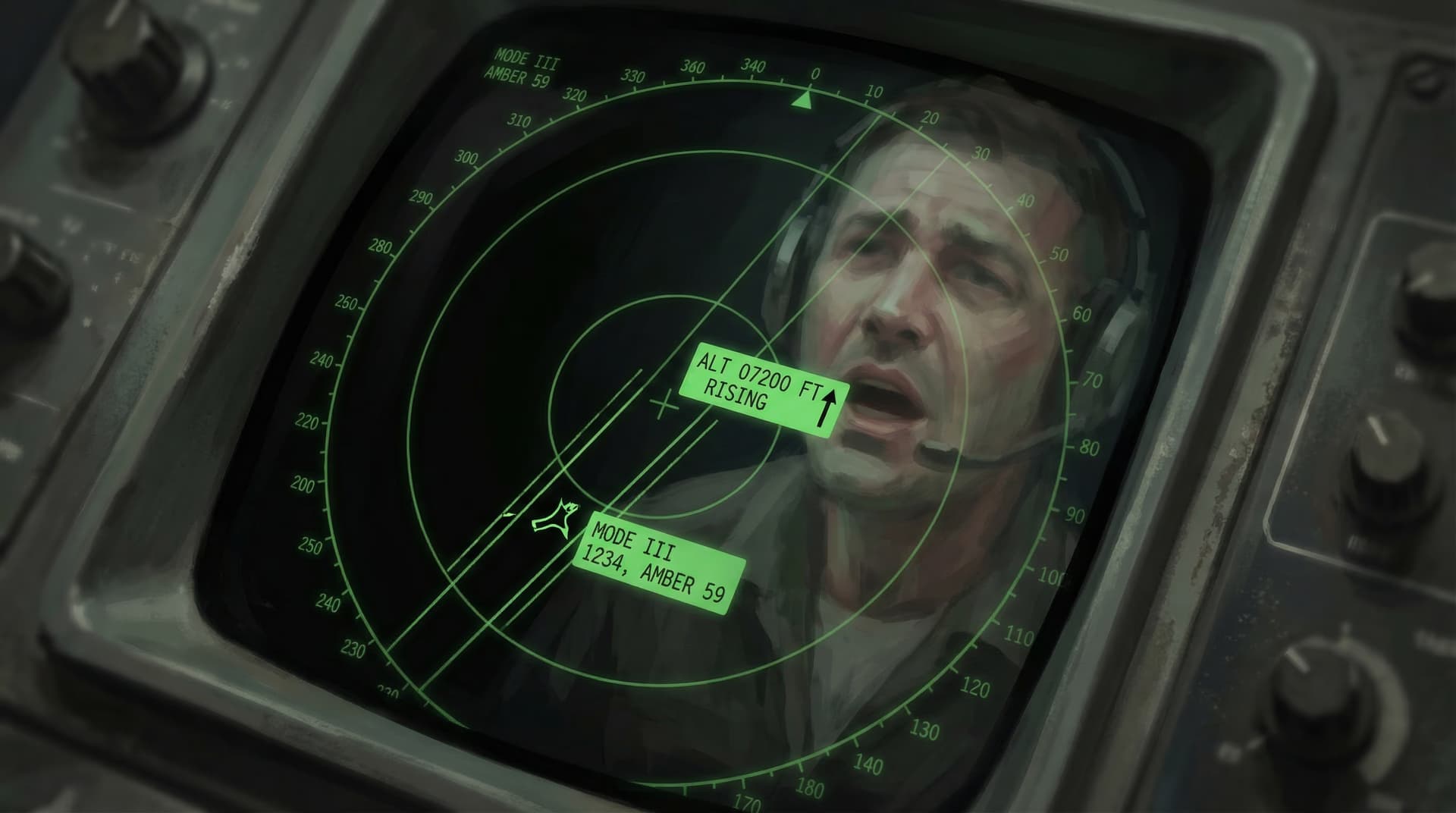 A green radar scope aboard the USS Vincennes showing Iran Air Flight 655 climbing on airway Amber 59, squawking Mode III