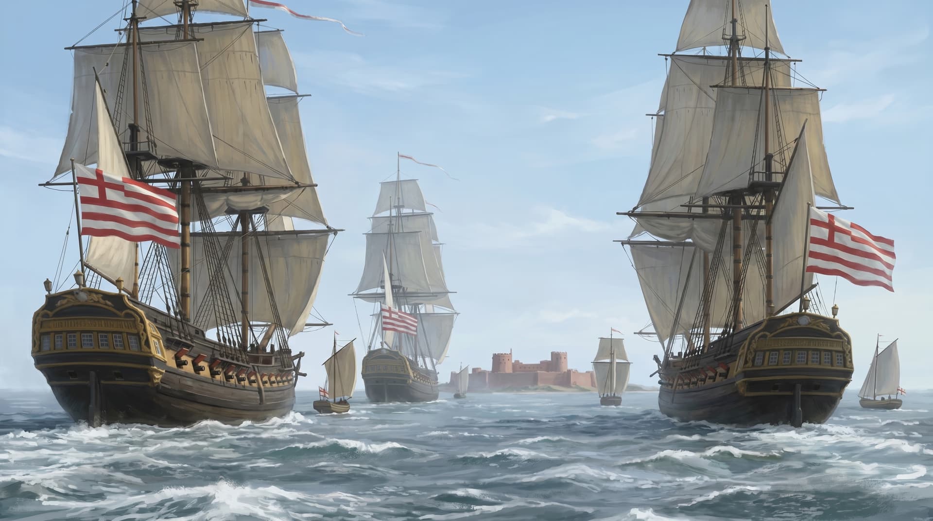English East India Company warships flying the striped red-and-white ensign sailing toward the Portuguese red fortress at Hormuz