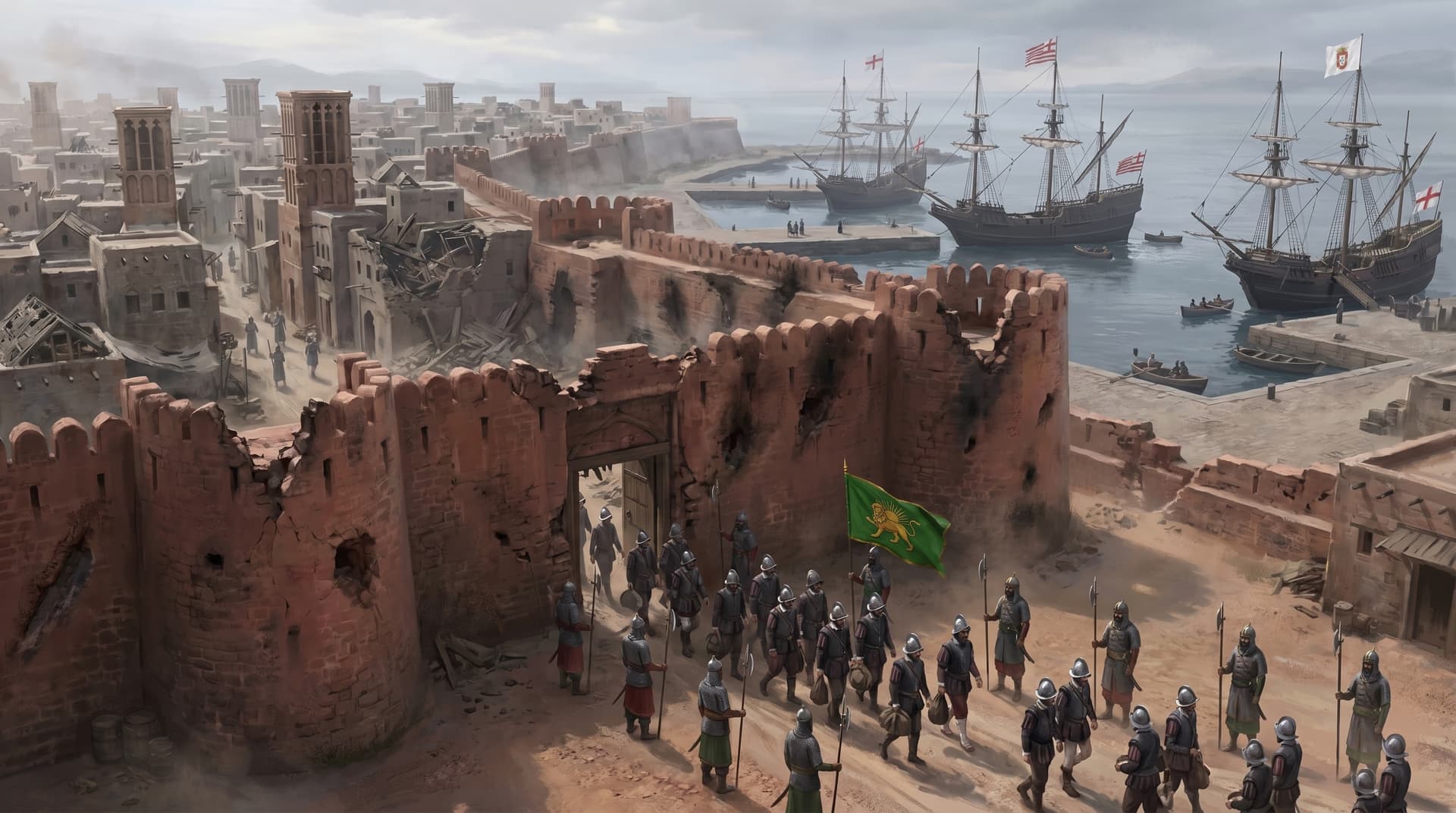 Persian soldiers under the lion banner marching into the breached red fortress of Hormuz as English and Portuguese ships fill the harbour behind
