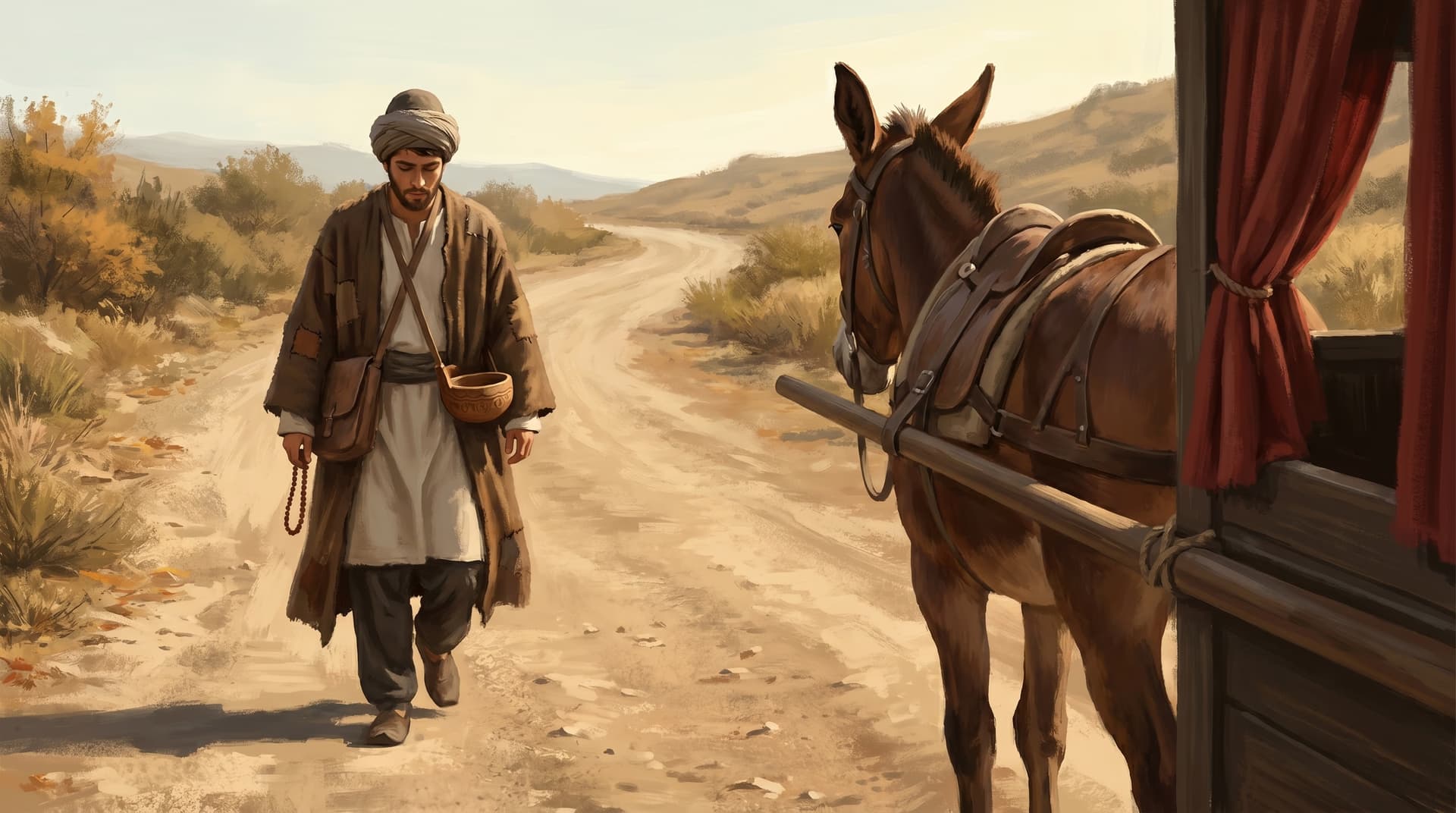 A fidai assassin disguised as a wandering holy man approaching the mule-drawn litter of Nizam al-Mulk on a Persian road in 1092