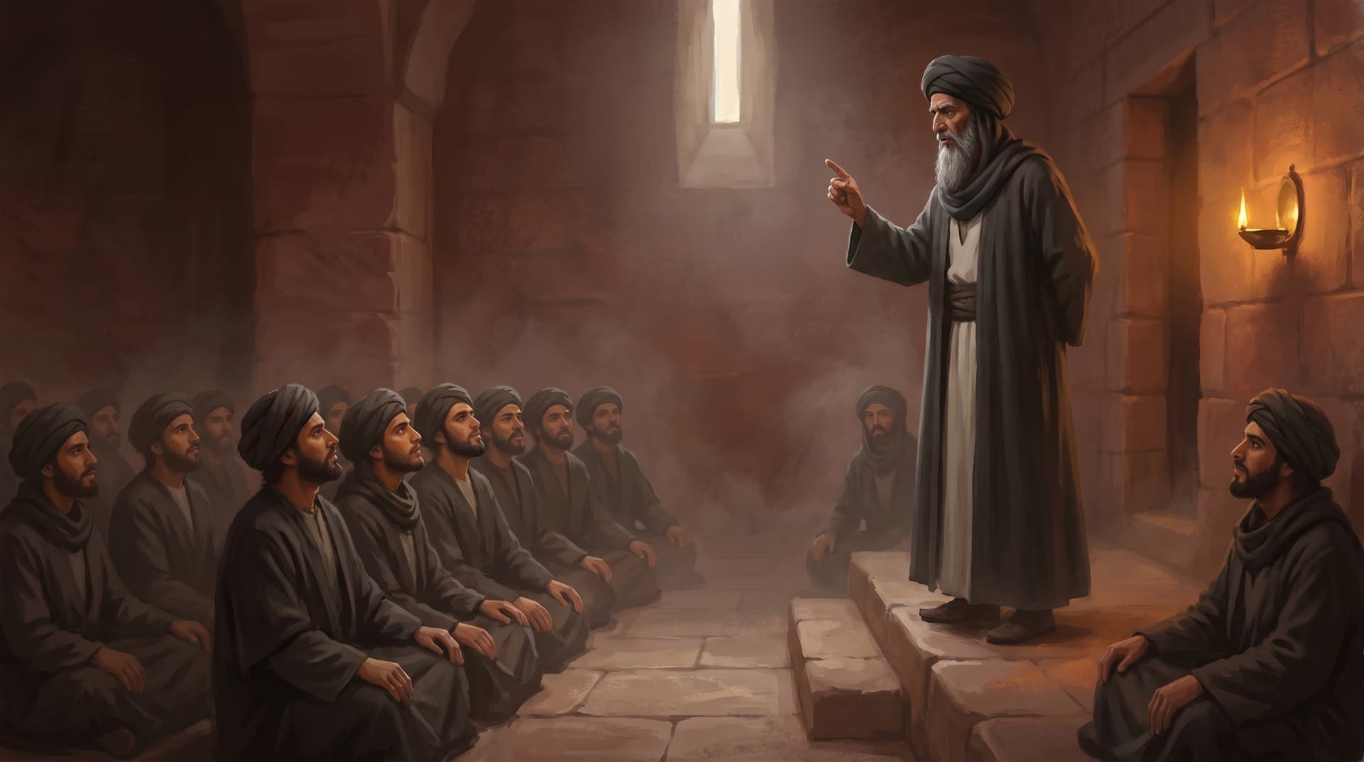 Rashid al-Din Sinan, the Old Man of the Mountain, preaching to rows of black-robed fidai in a stone hall at Masyaf castle in Syria