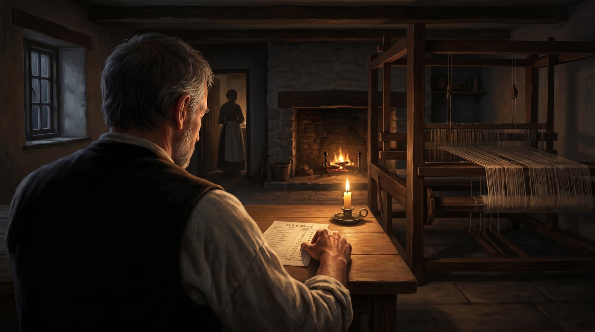 Handloom weaver reading a Manchester price sheet by candlelight beside his wooden loom in an 1826 cottage